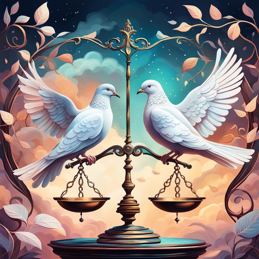 Libra Scales Balanced by Doves in Fantasy Matte Painting