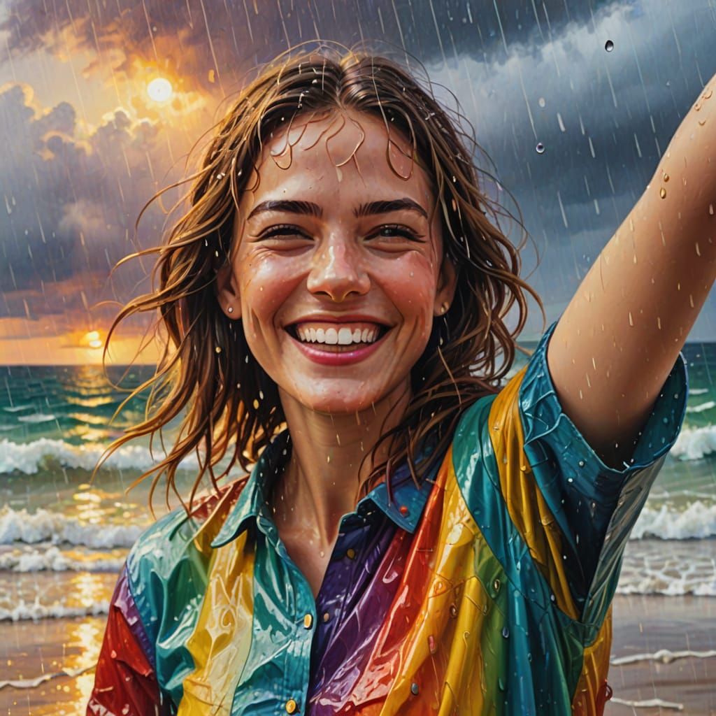 Joyful Girl on Rainy Beach: Impressionist Oil Painting