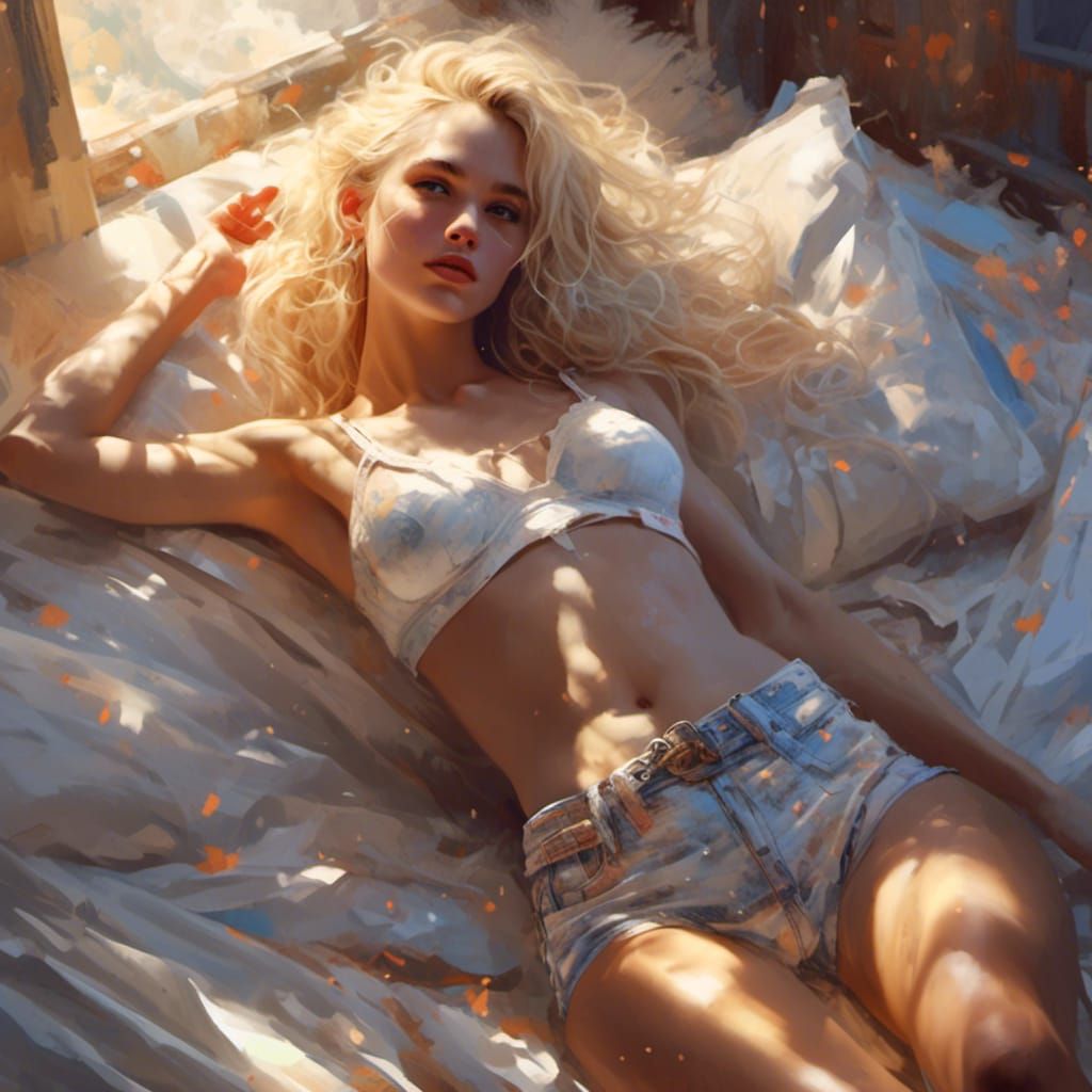 Hyperrealistic Portrait of a Blonde Woman on a Bed