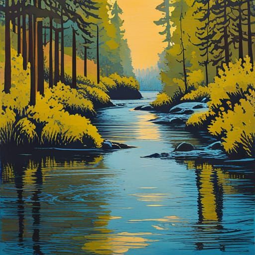 Peaceful River Woodcut Illustration