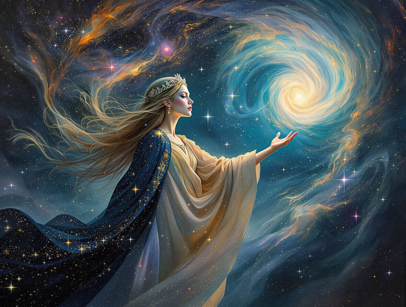 Sorceress Weaves Cosmic Nebula with Starlight Robes