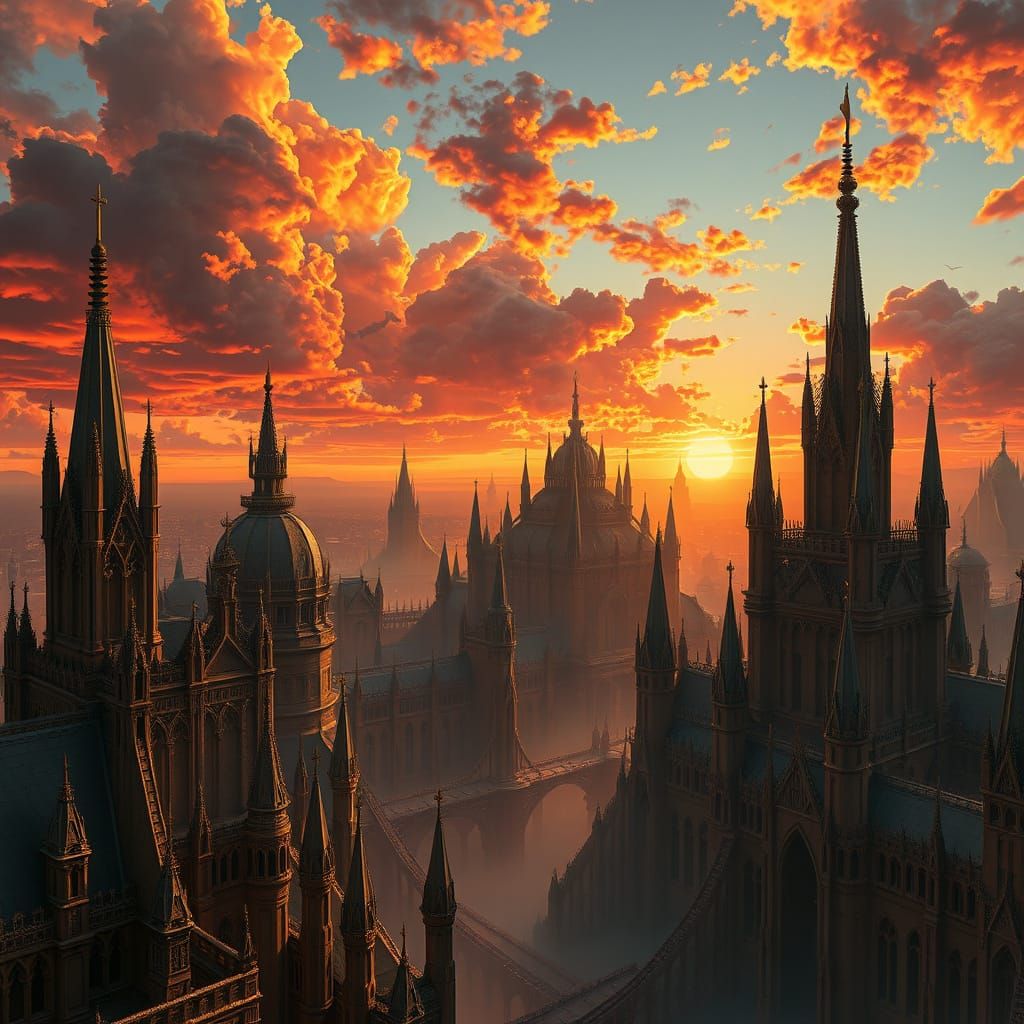 Majestic Fantastical Realm at Sunset in Cyberpunk Style