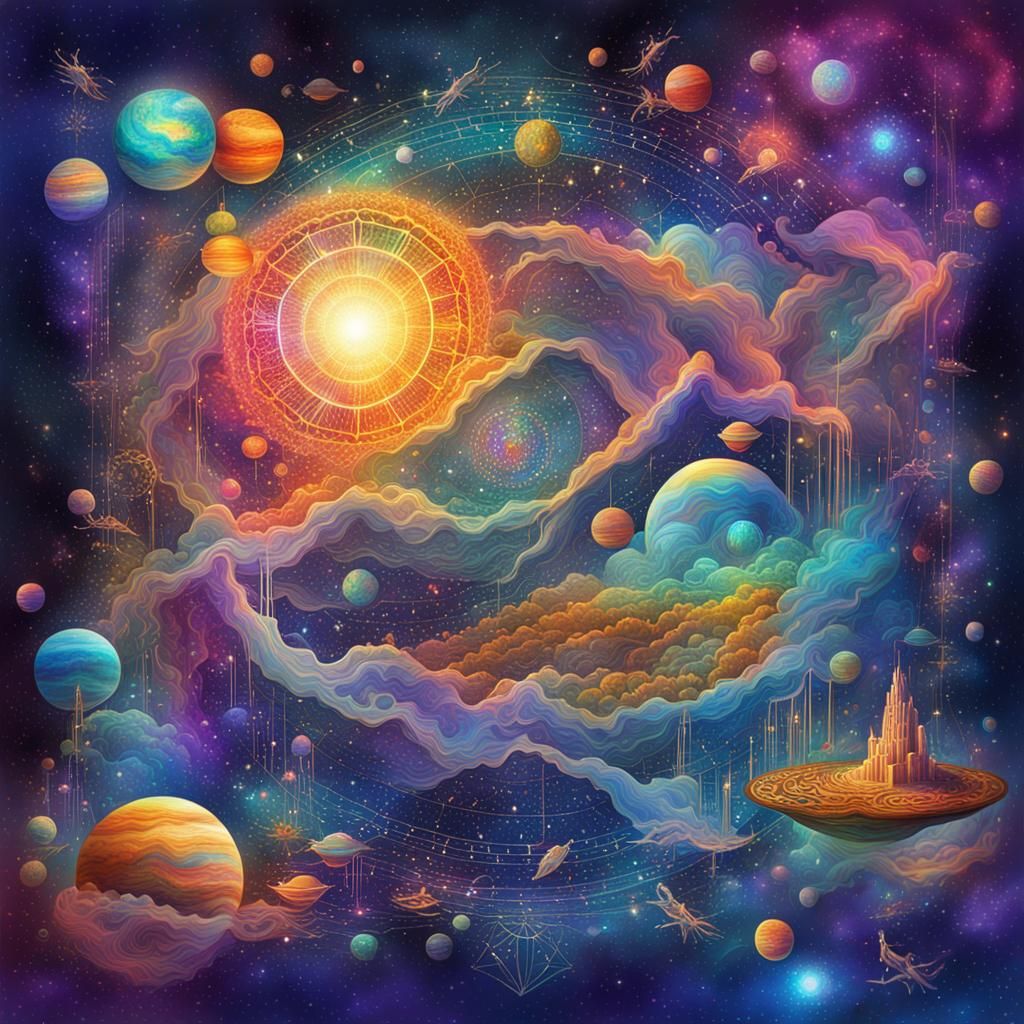 Holographic Cosmic Astral Illustration in Pablo Amaringo Sty...