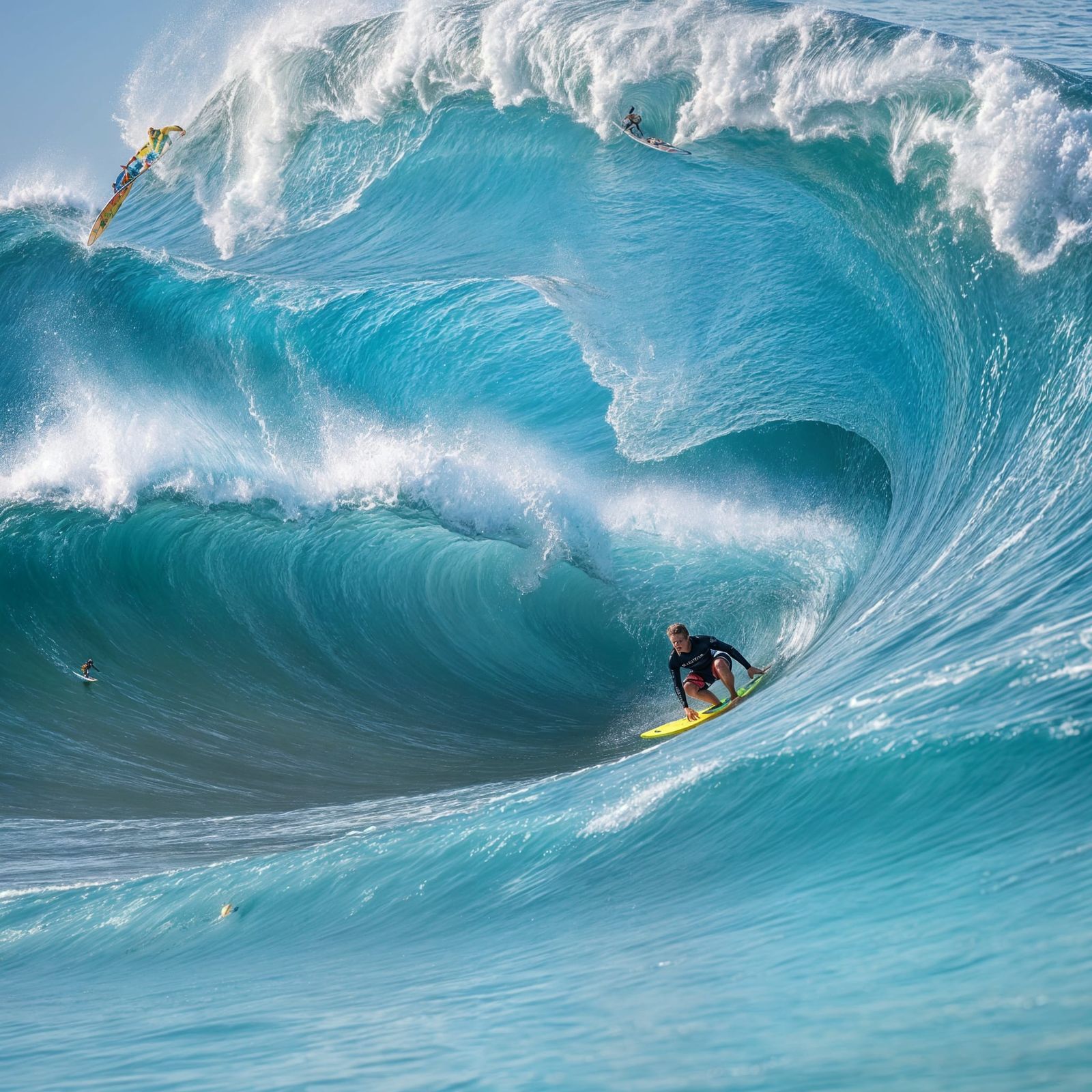 Surfers Riding Giant Waves on a Tropical Beach