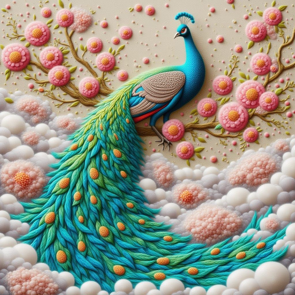 Peacock Embroidery with Pastel Peonies