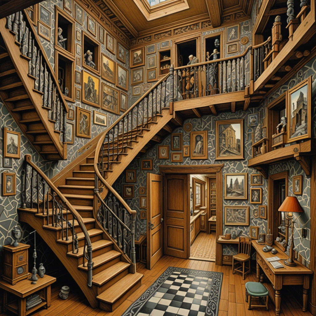 Surreal Stairwell Scene in Mixed Media