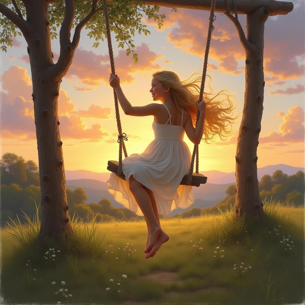 Girl on Swing at Sunset in Impressionist Style