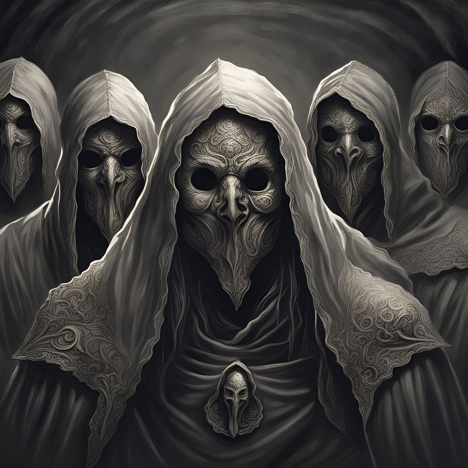 Eerie Cultists in Lovecraftian Horror Drawing