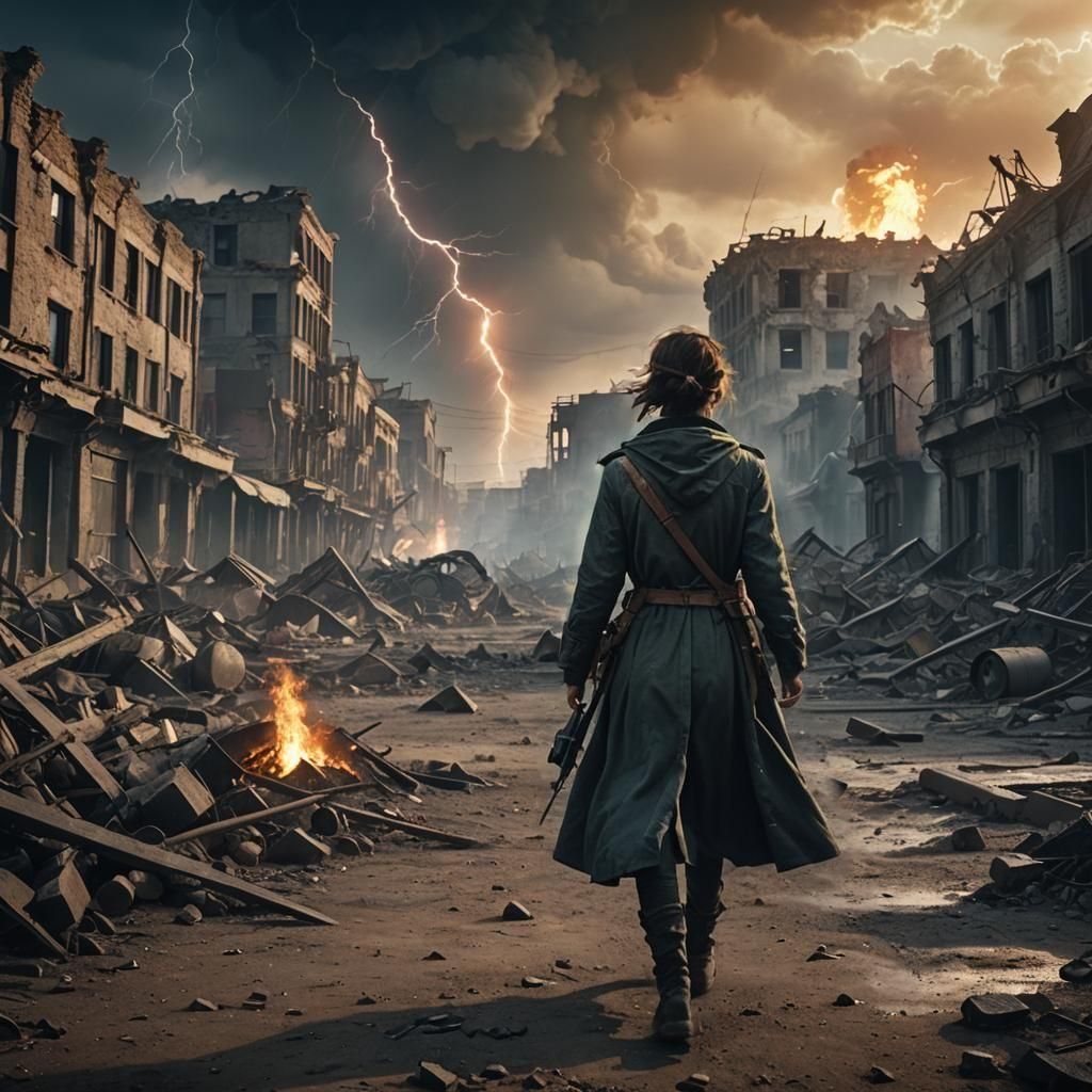 War-Torn City: Woman Walks Through Fire and Lightning