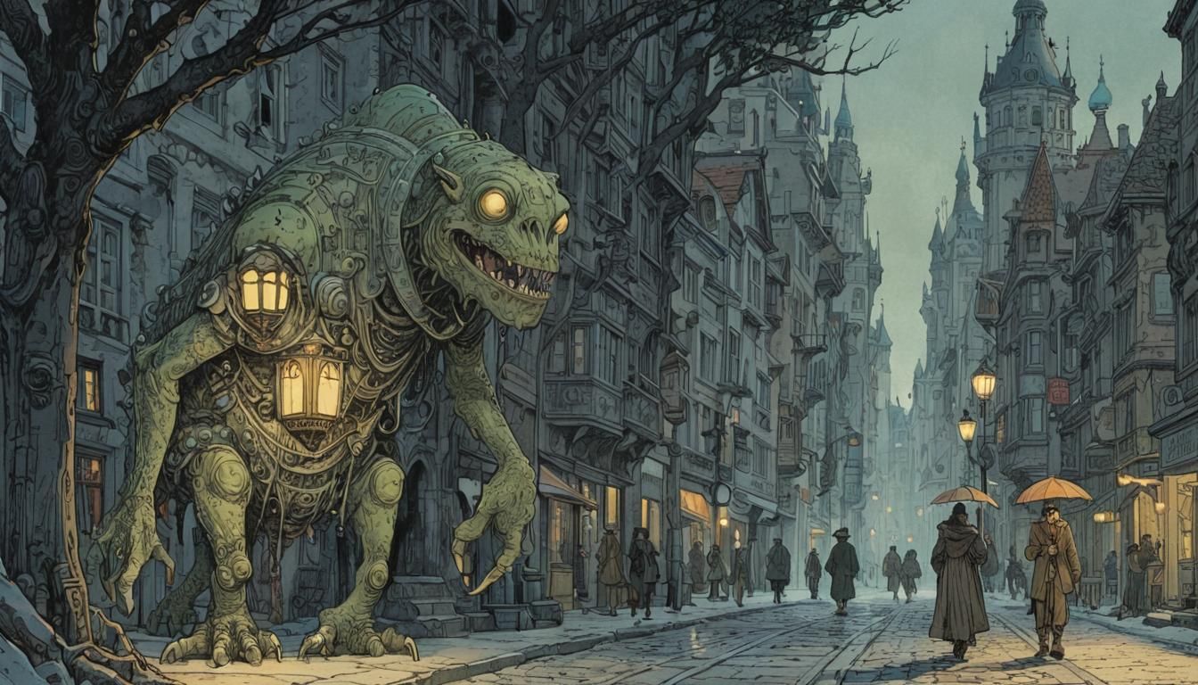 Art Deco Town Scene with Whimsical Monsters