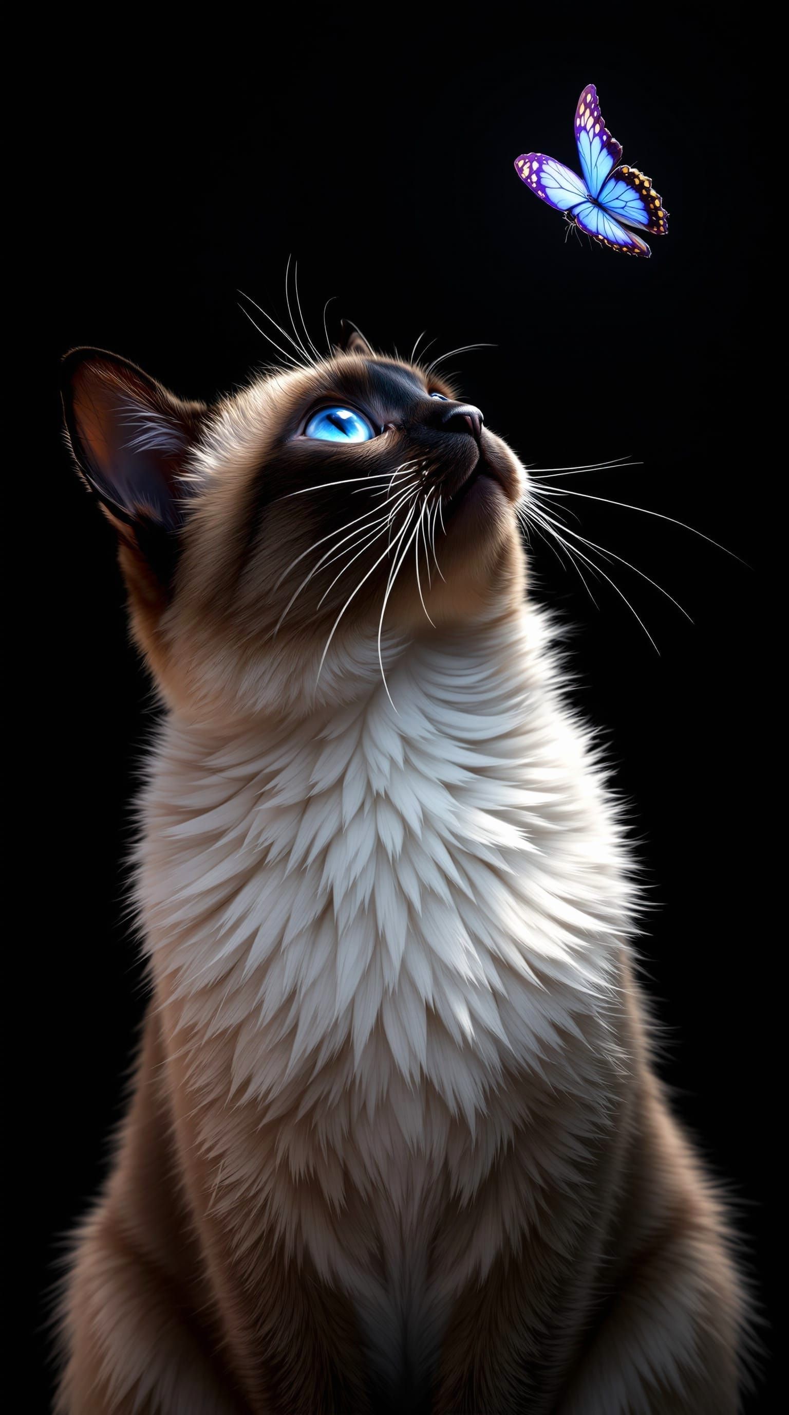 Siamese Cat Gazing at Butterfly in Hyperrealistic Style