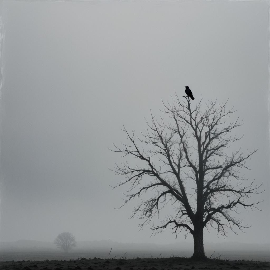 Crow in Tree Amidst Misty, Minimalist Landscape