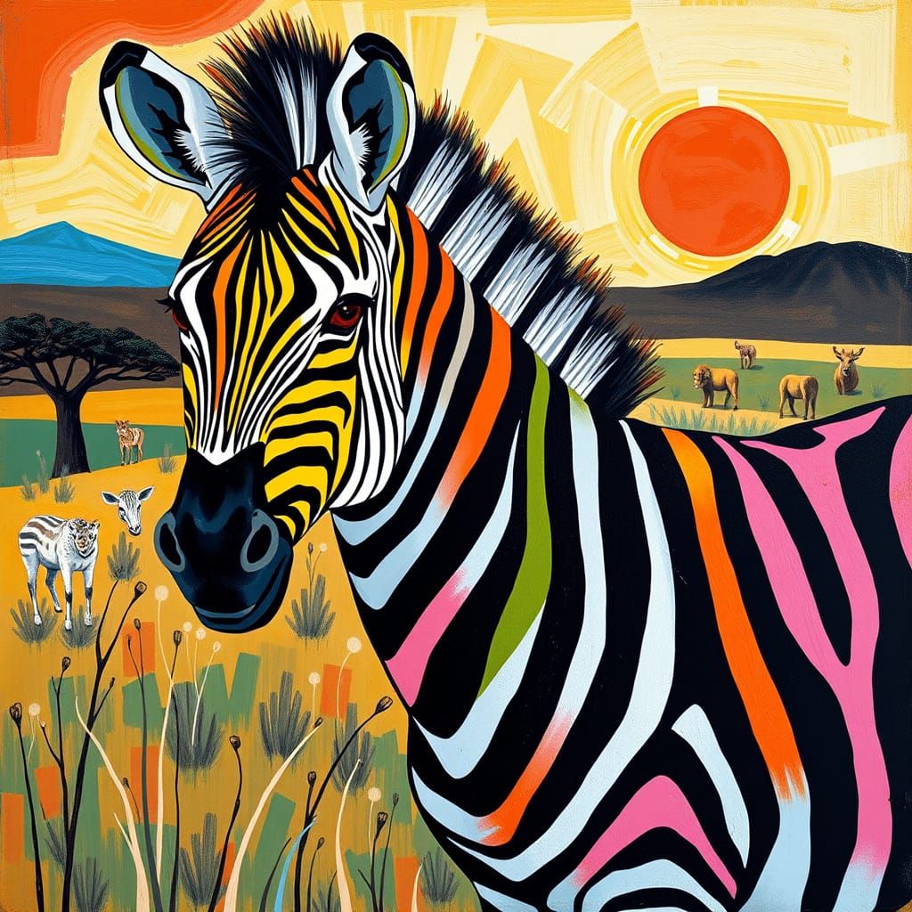 Vibrant Zebra with Innovative Stripes in Modern Art Style