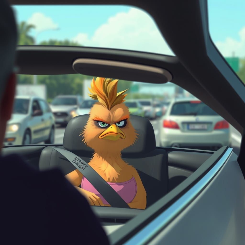 Grumpy Chick in Convertible Stuck in Traffic