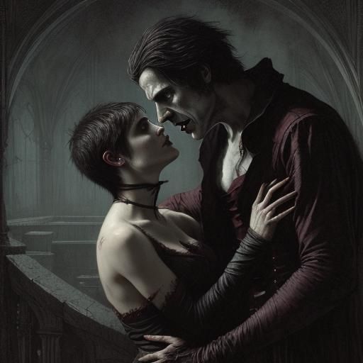 Vampire Couple Embrace: Gothic Horror Art