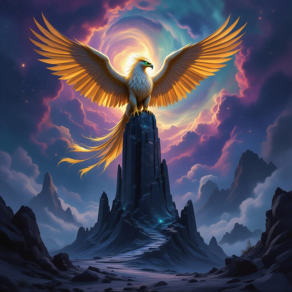 Majestic Griffin on Obsidian Tower Amidst Nebula