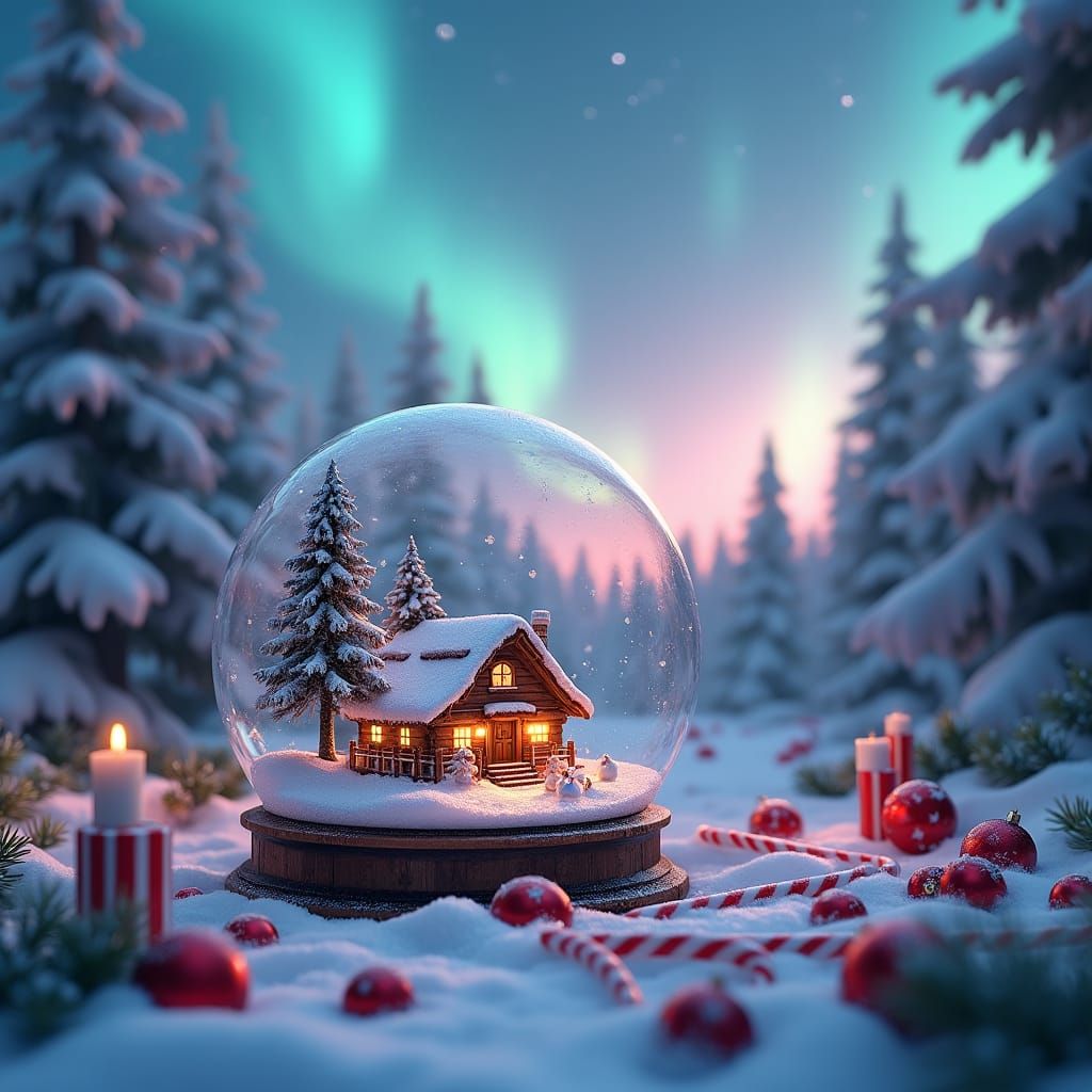 Aurora Borealis Over Snowglobe Pine Forest in 8k