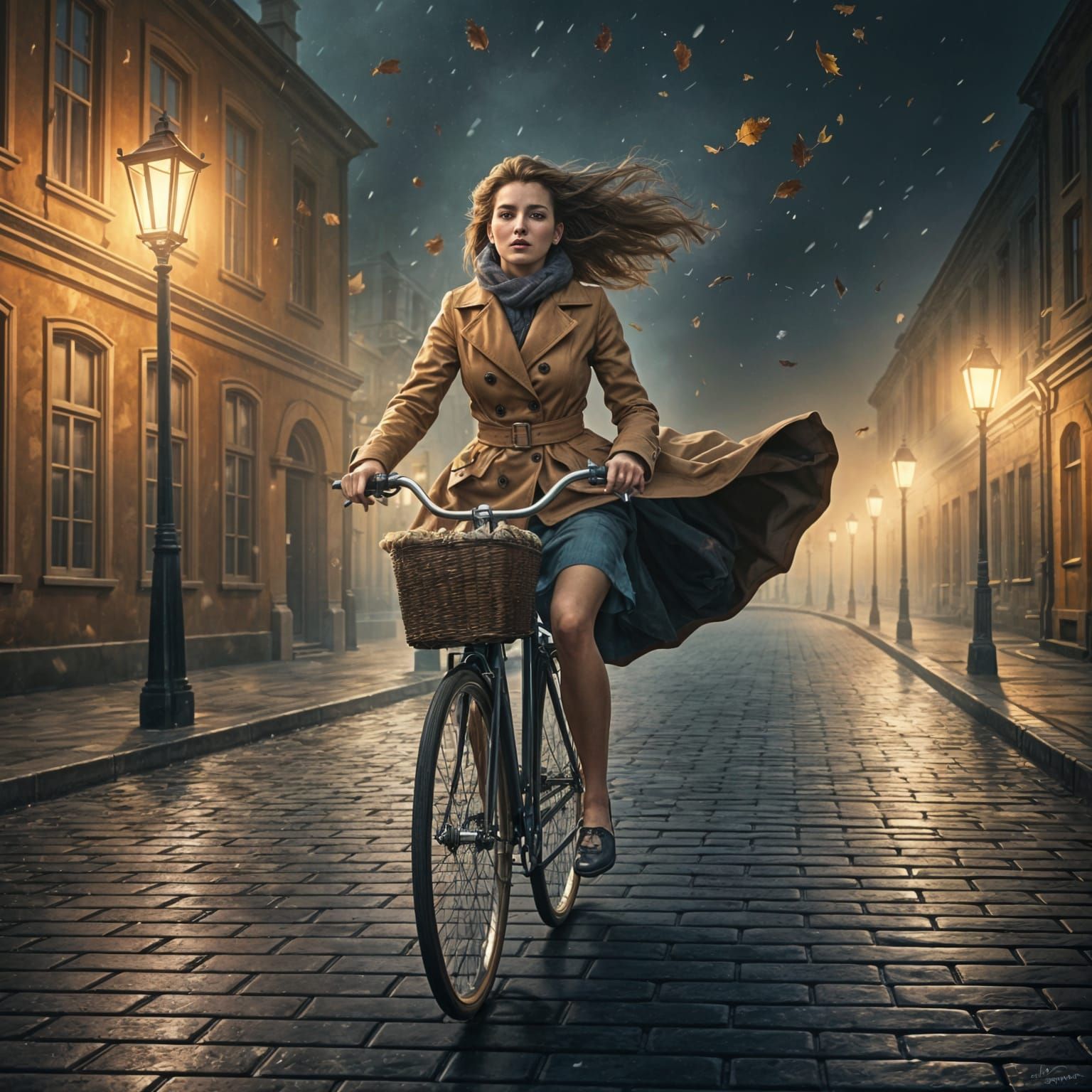 Woman Cycling in Autumn Storm, Matte Oil Painting