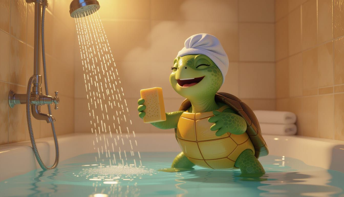 Turtle Sings in Shower: Charming 3D Render