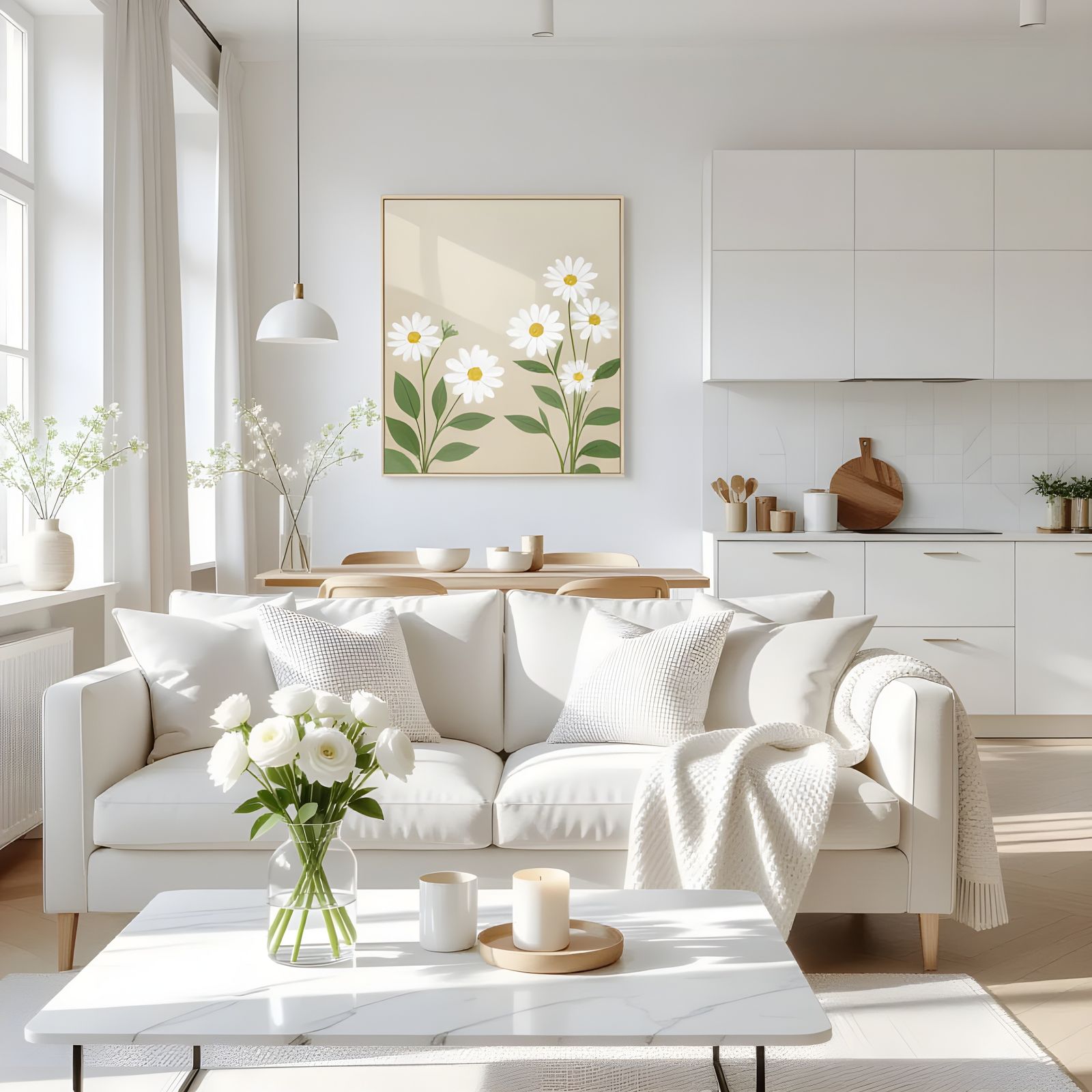 Bright Scandinavian Living Room with Open Kitchen and Marble...