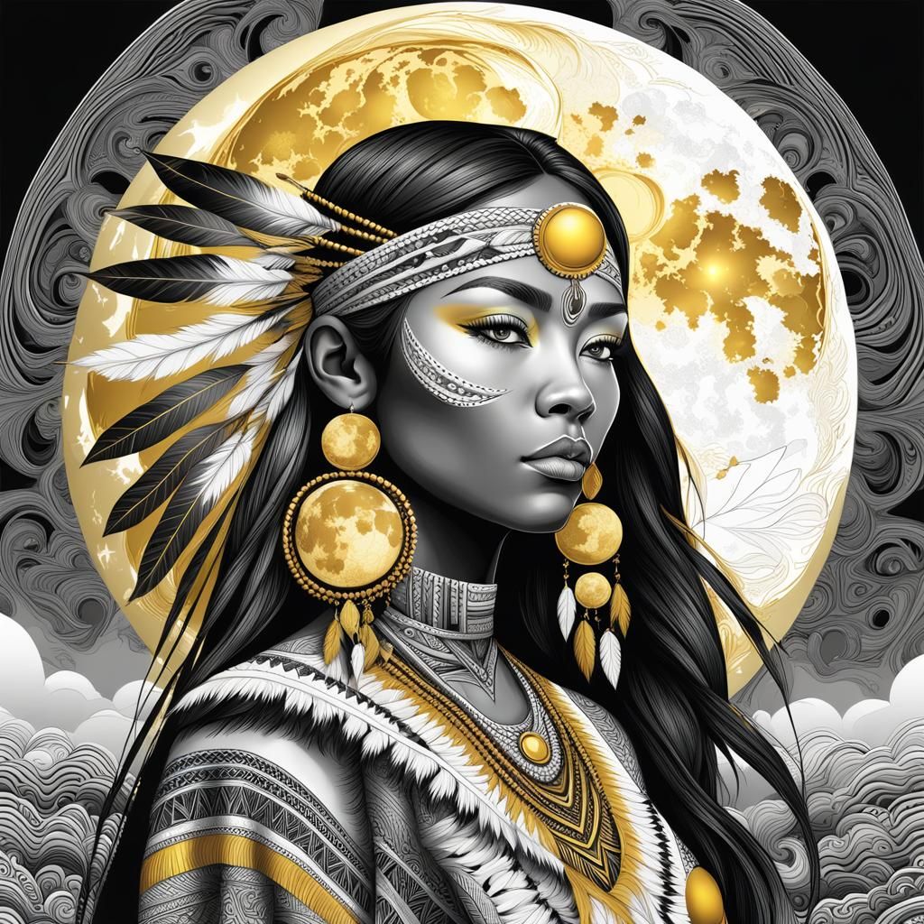 Native American Woman with Golden Moon