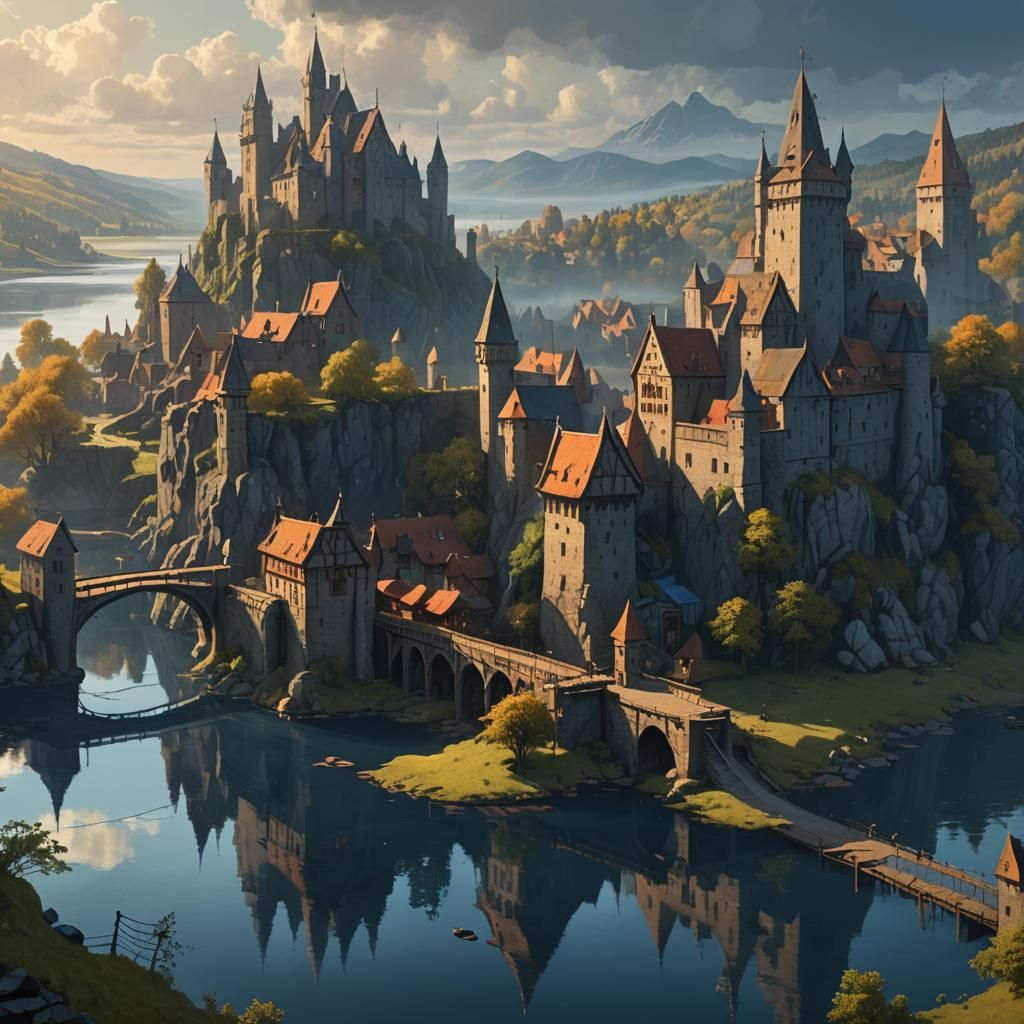 Mystical Medieval Castle and Town in Dark Fantasy Art