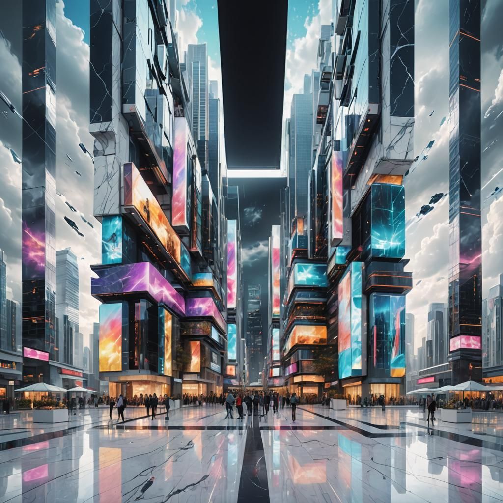 Futuristic Sci-Fi Plaza in Vibrant Oil Painting Style