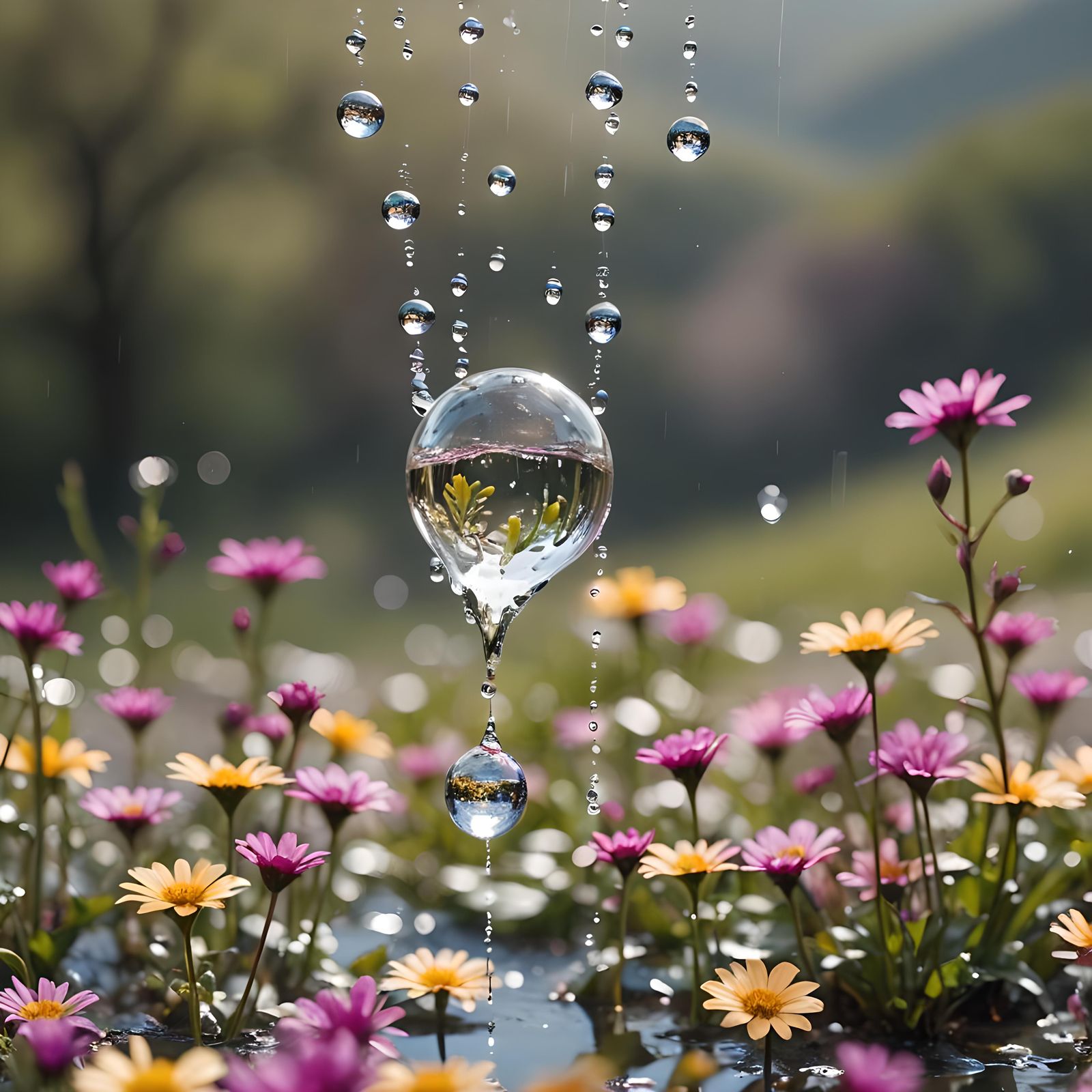 Reflective Water Drop Captures Floral Landscape