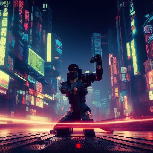 Cyberpunk Ninja Fights Robots in Futuristic City