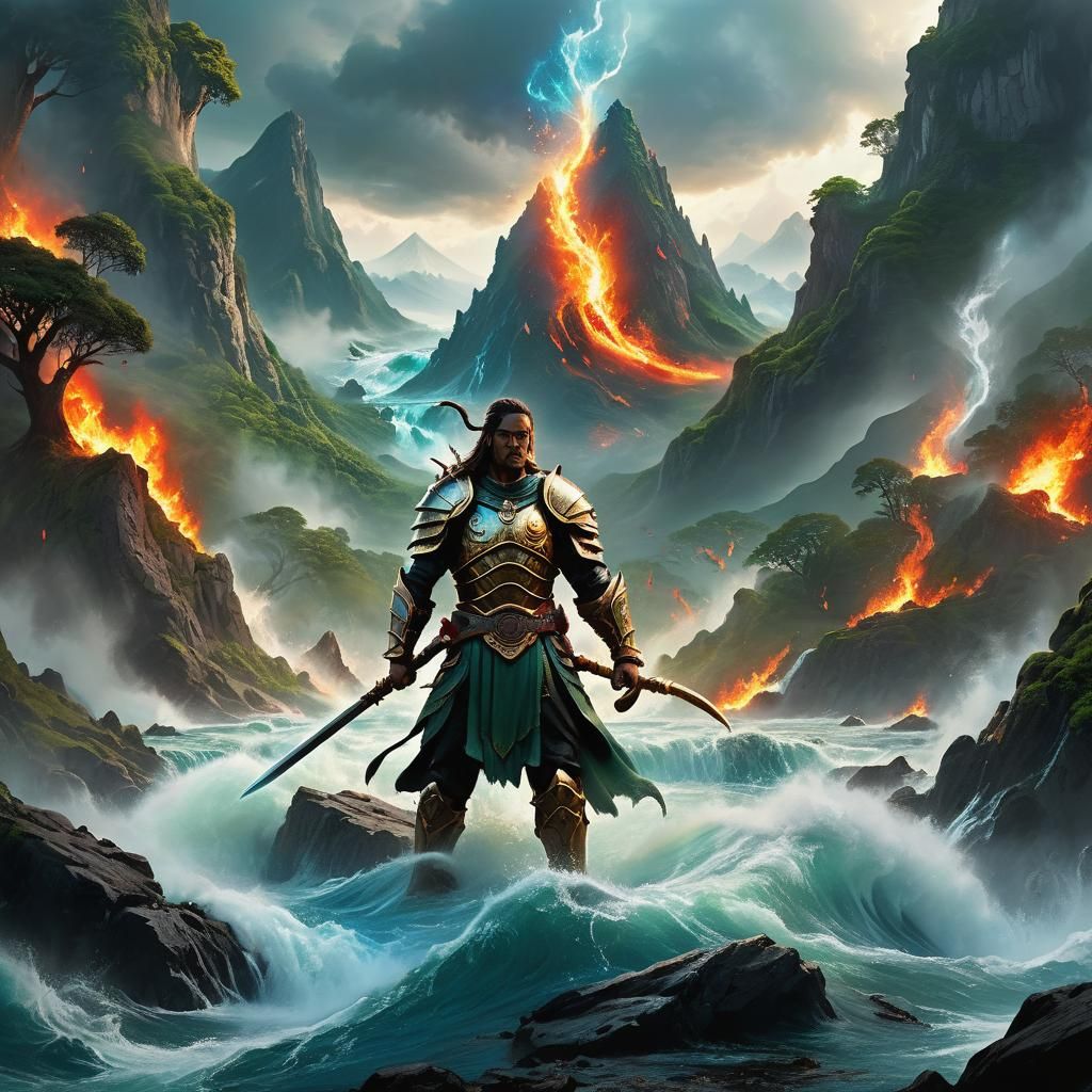 Elemental Warrior in a Vibrant Fantasy Landscape