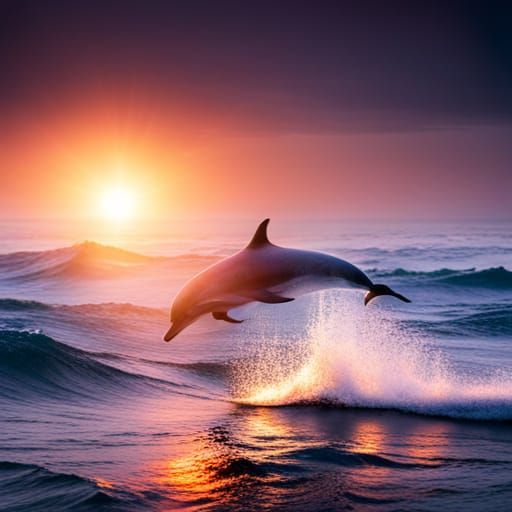Bottlenose Dolphins Riding Waves in Deep Blue Ocean