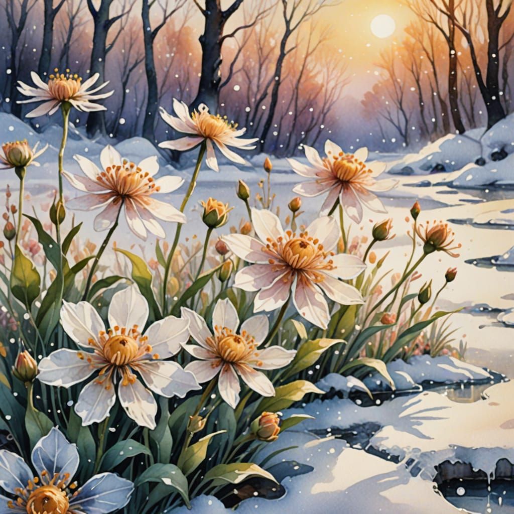 Dreamy Watercolor Blooms in Golden Snowlight
