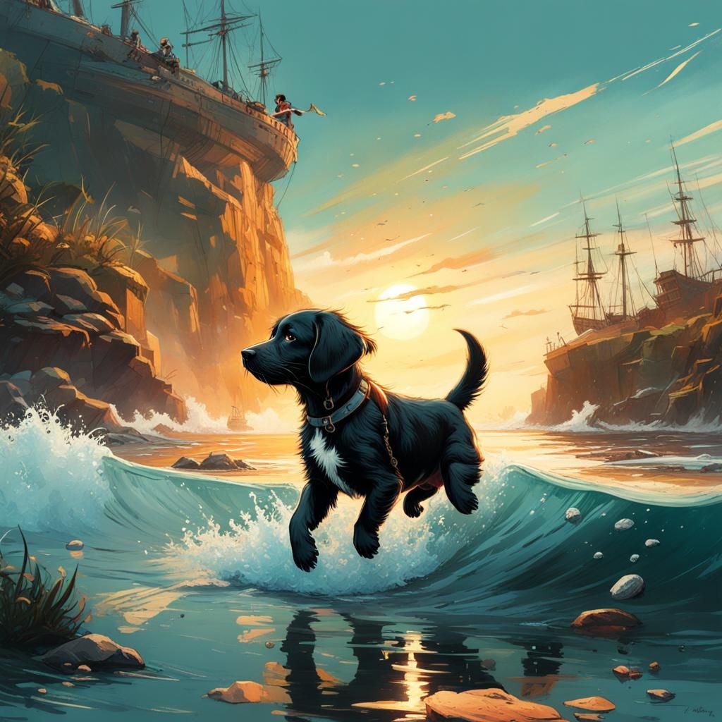 Puppy's Joyful Seascape: Hyperdetailed Digital Art