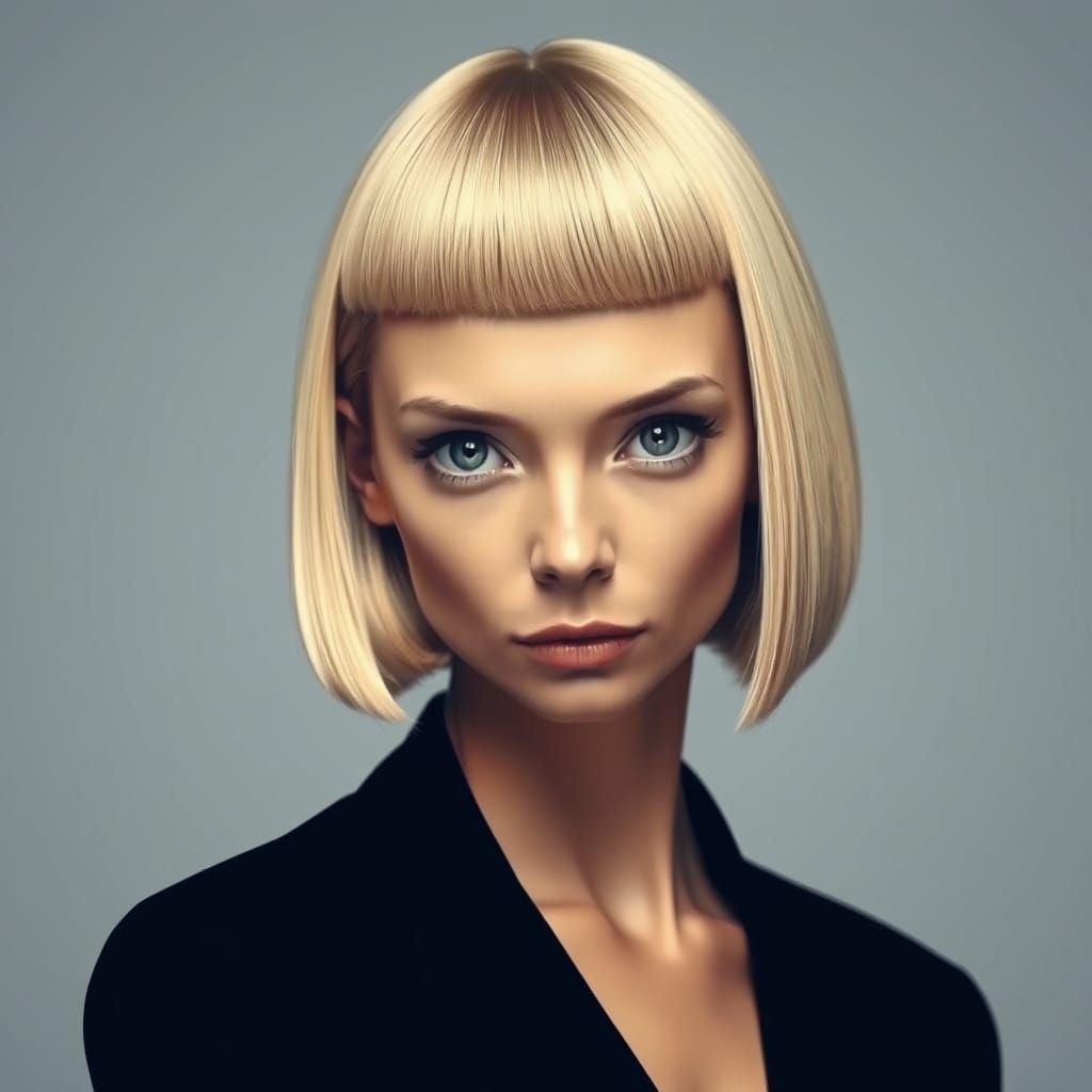 Elegant Woman with Chic Blunt Bob and Piercing Blue Eyes