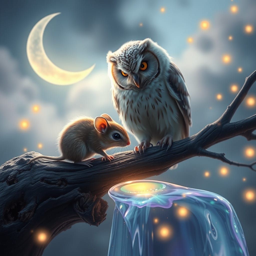 Surreal Owl Watches Mystical Mouse by Moonlight