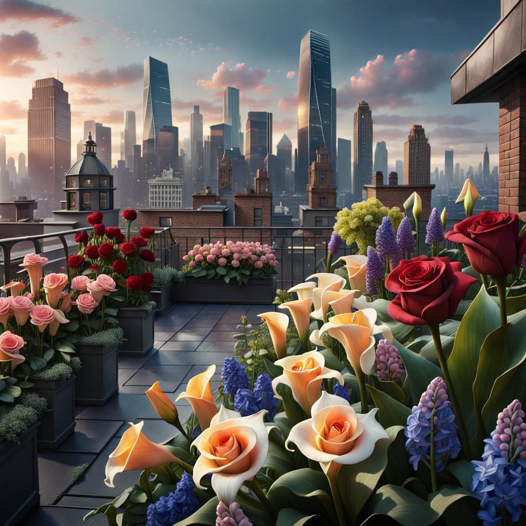 Rooftop Flower Garden with Cityscape in Matte Painting Style
