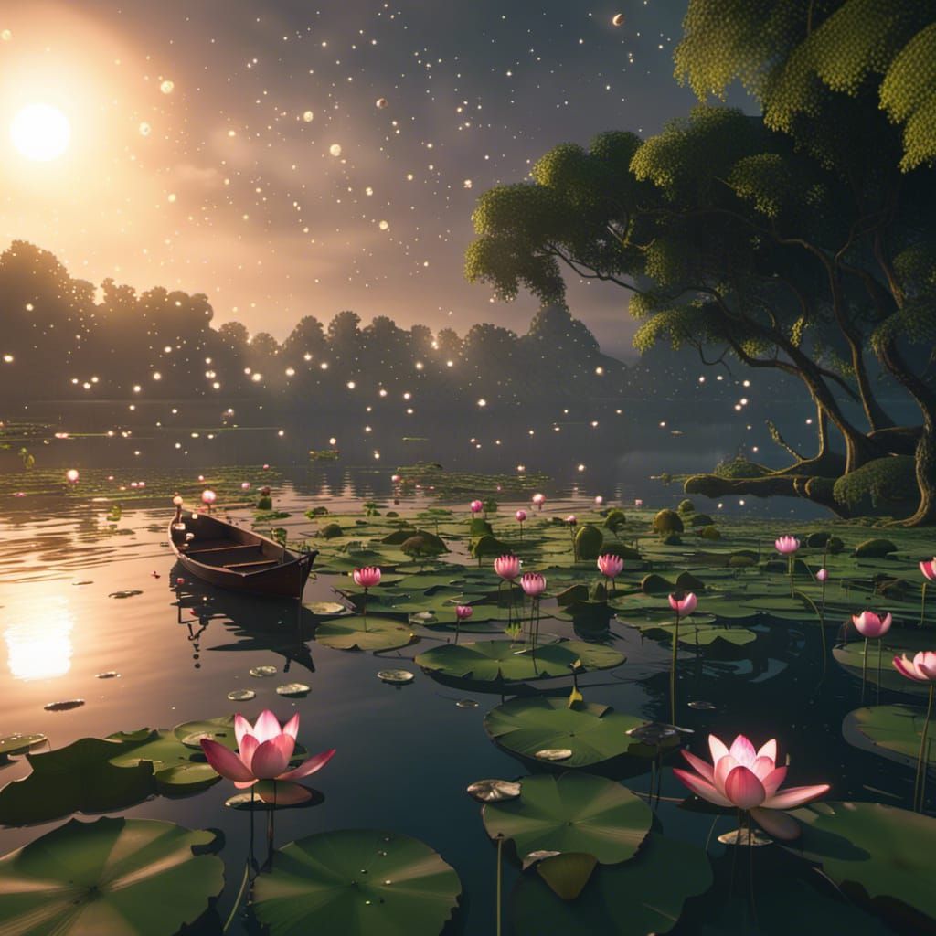 Moonlit Lotus Pond with Fireflies in 3D