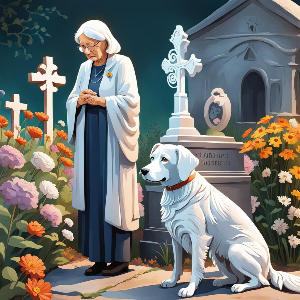 Ghost Dog Comforts Grieving Woman: Storybook Illustration