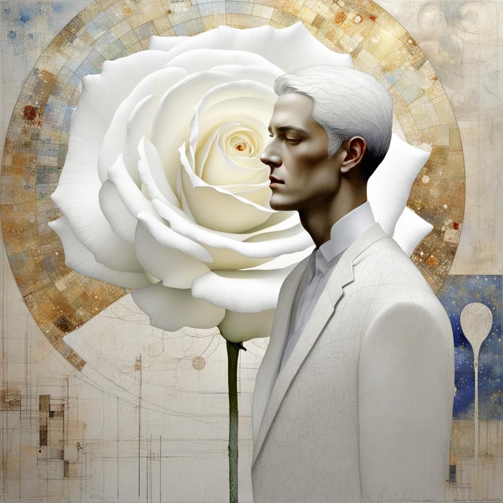 Celestial Male with White Rose: Minimalist Surrealism