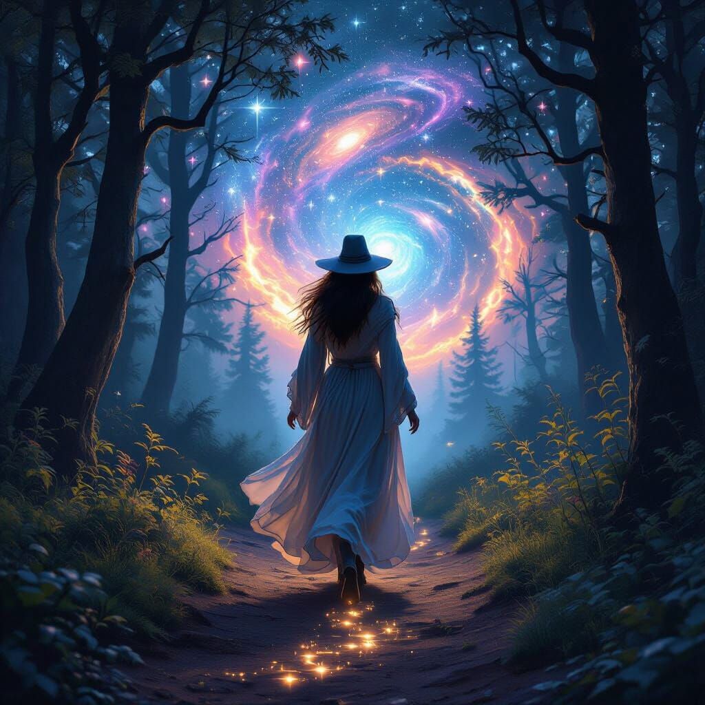 Witch's Glowing Footprints on Cosmic Forest Path
