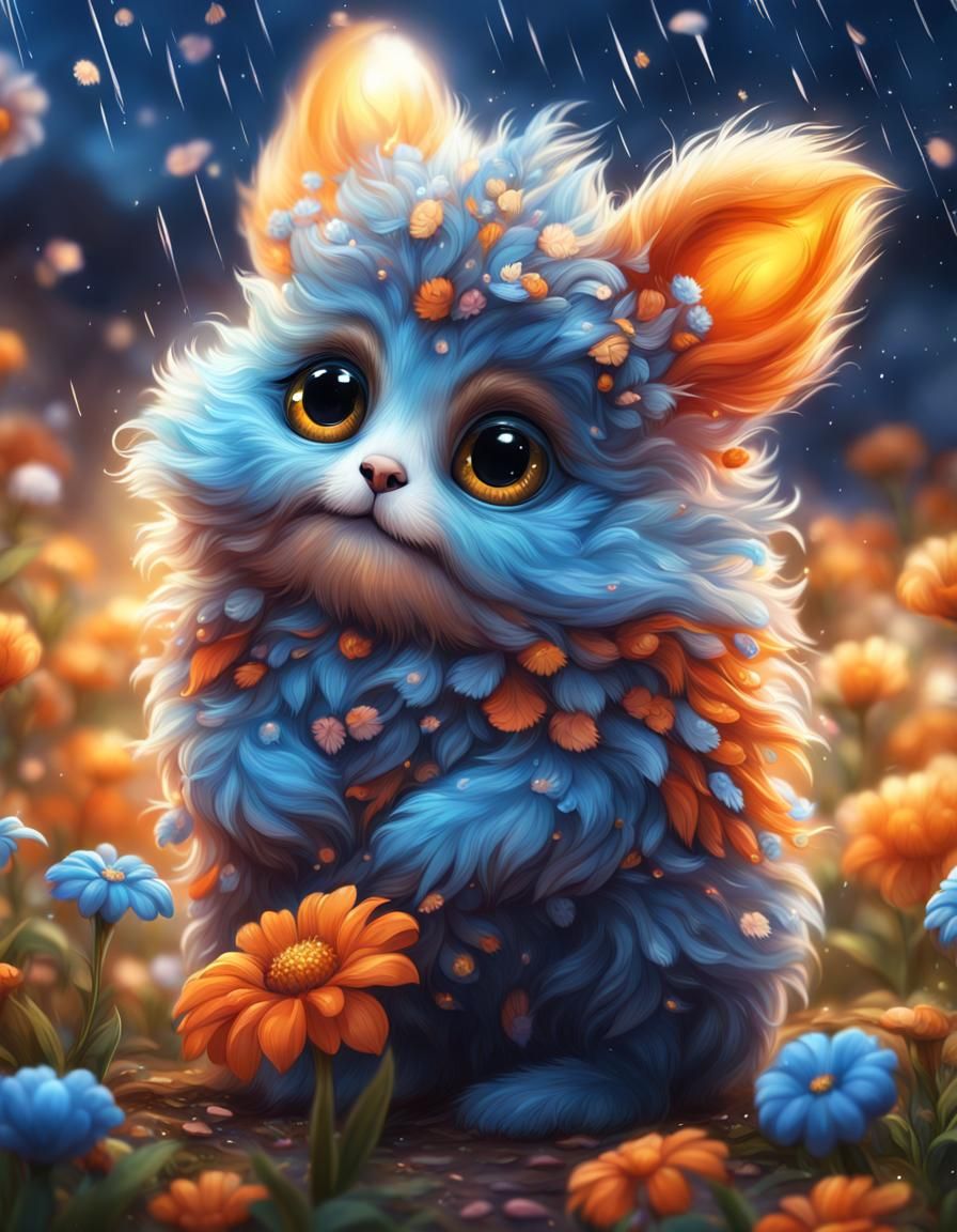 Fluffy Fantasy Creature Playing in Flower Rain