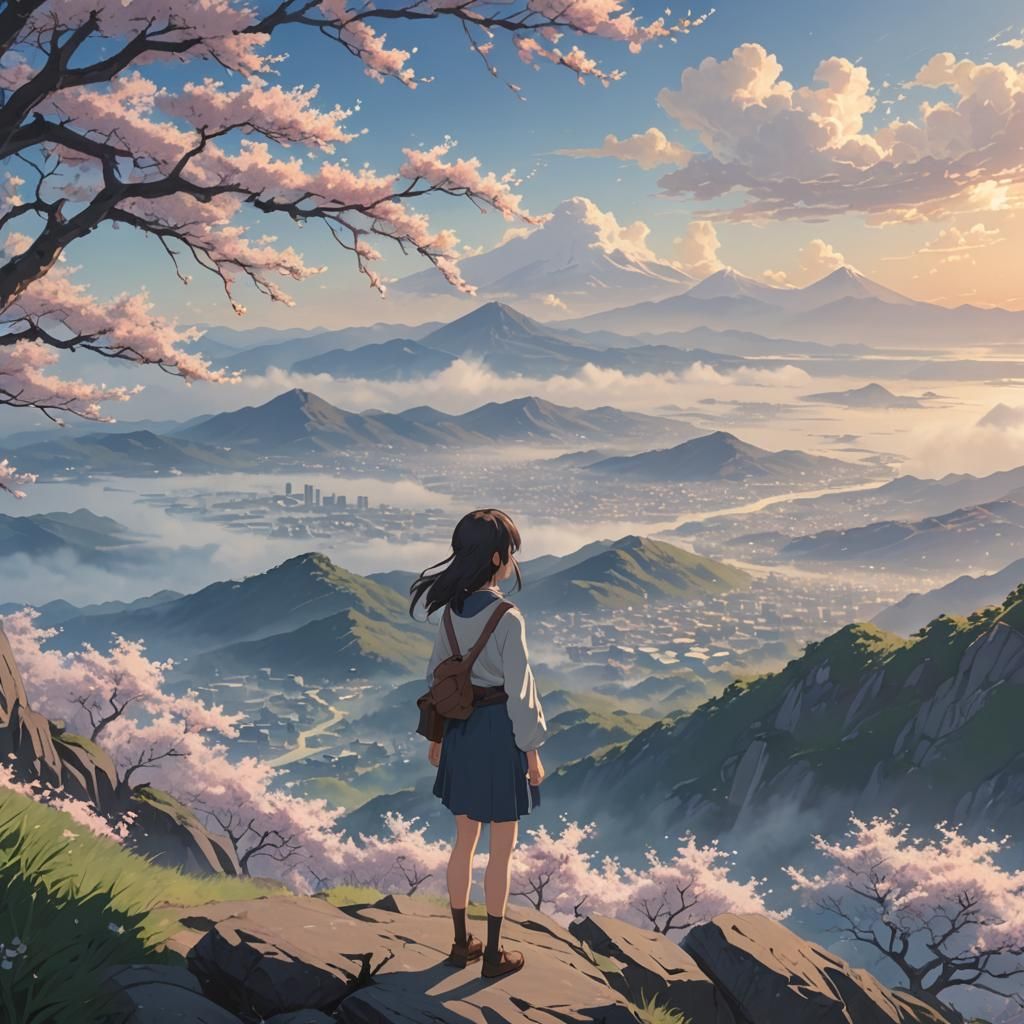 Anime Woman on Mountain Peak at Sunset