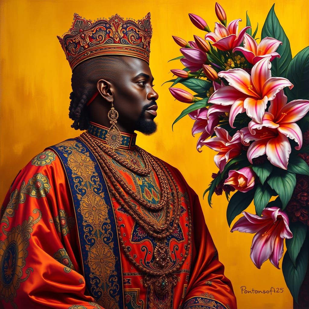 Regal Afrocentric Figure in Vibrant, Ornate Attire