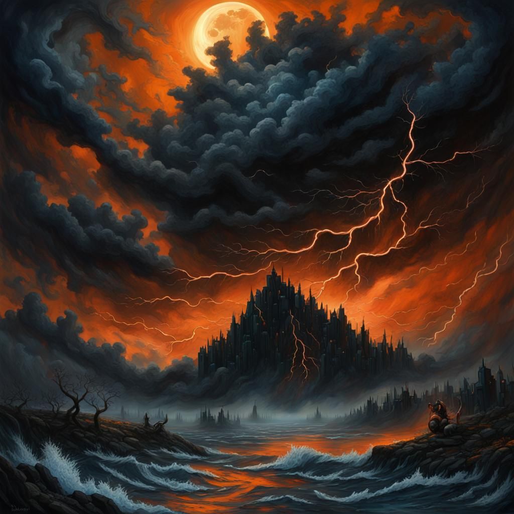 Eerie Black Moon Over Hellish Typhoon Landscape