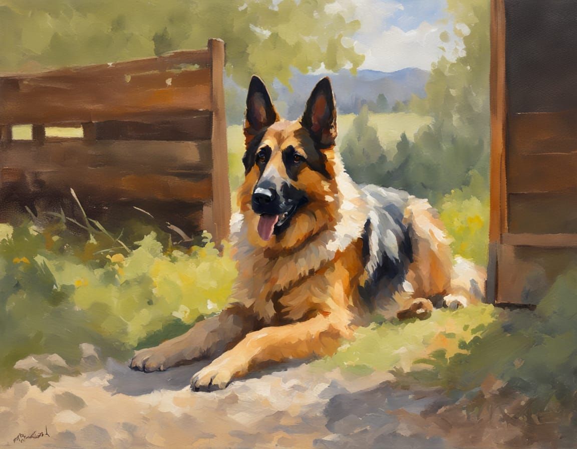 Impressionist Oil Painting of a German Shepherd in a Barn
