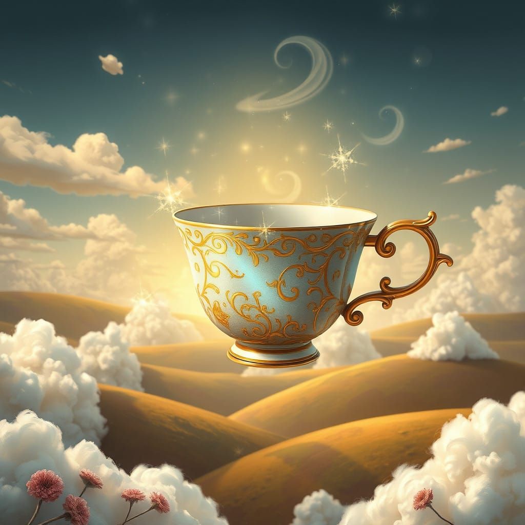 Floating Teacup in Dreamlike Landscape with Whimsical Detail...