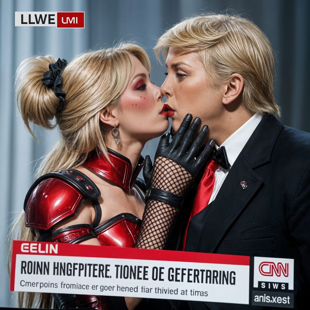 Goth Woman in Red Armor Kissing Lips