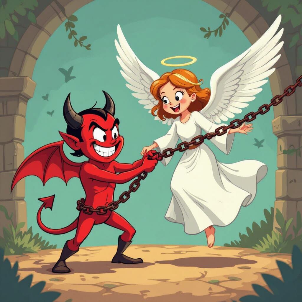 Cartoon Devil Capturing Angel in Classic Cartoon Style