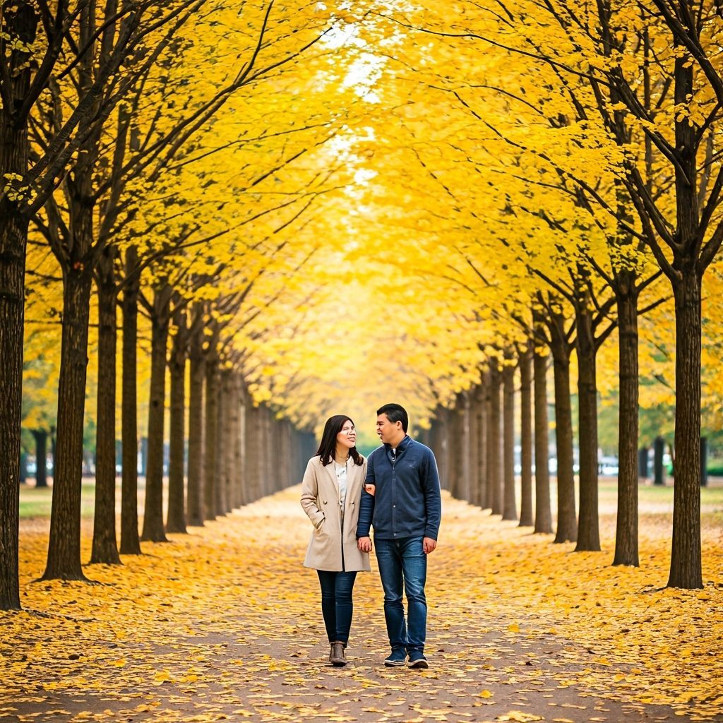 Couple Walks Through Autumn Park