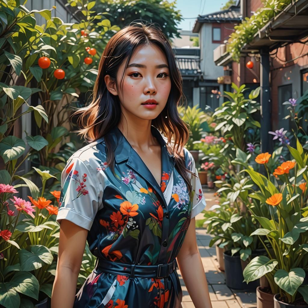 Korean Girl in Urban Garden: Hyperrealistic Splash Art
